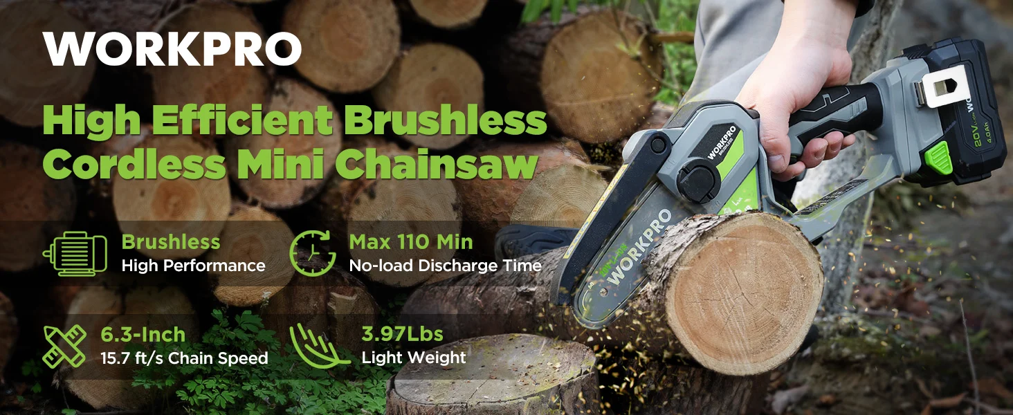 Cordless mini chainsaw in hand cutting logs outdoors, with sparks and visible specifications on screen
