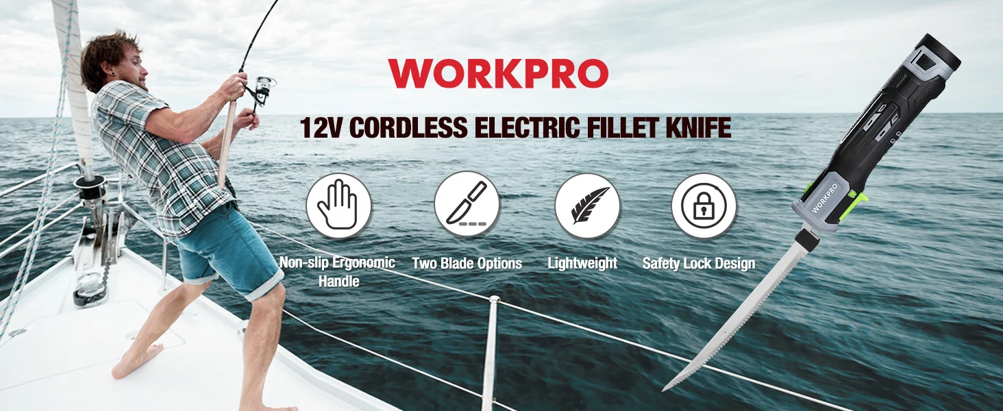 Innovation and quality are shown on a cordless electric fillet knife graphic with a man fishing on a boat