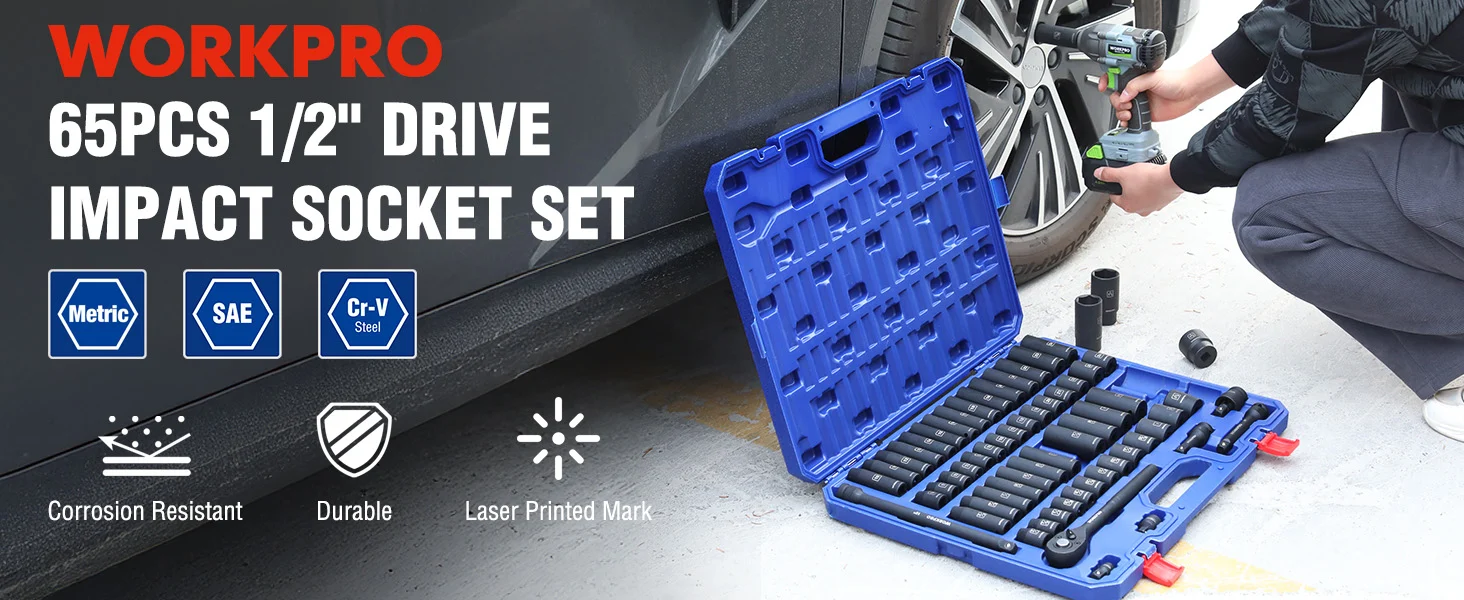 Socket set in a blue plastic case with tools on a driveway, with innovation, quality, and durable secure design