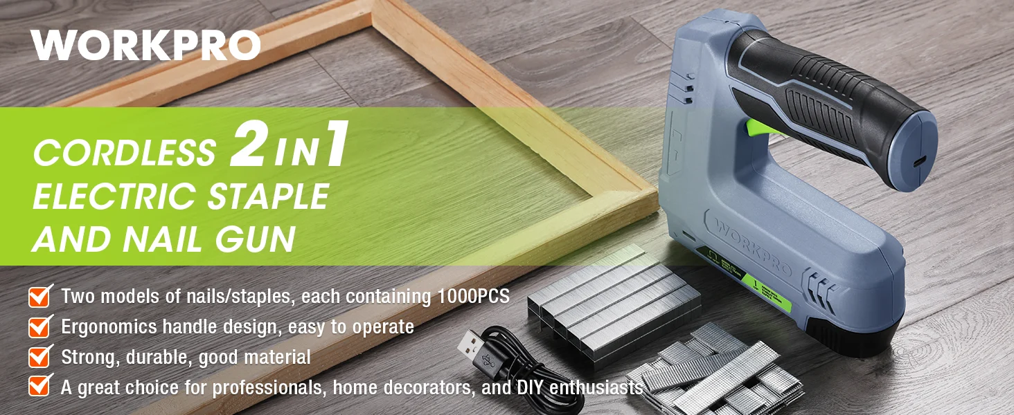 Cordless electric staple and nail gun on wooden boards with metal staples and a power cord, innovation and quality