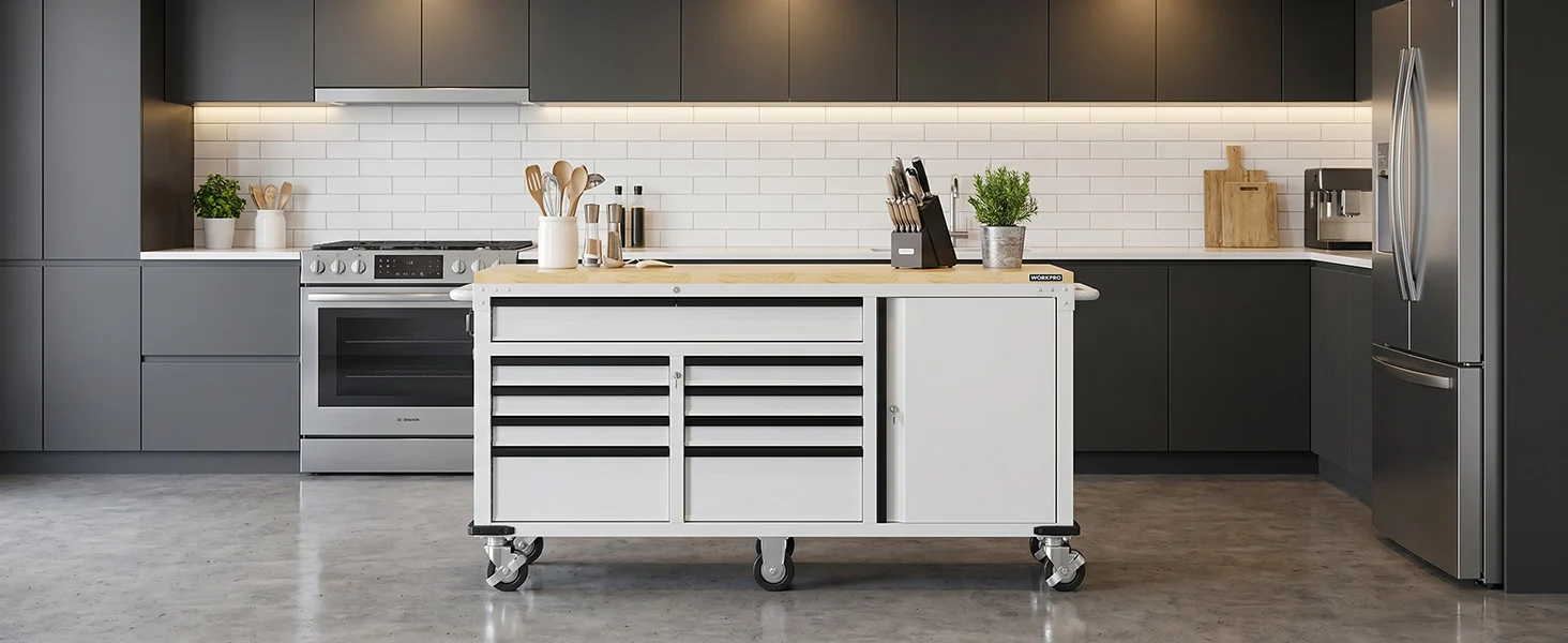 Metal tool chest on wheels in a modern kitchen with gray cabinets and white subway tile backsplash