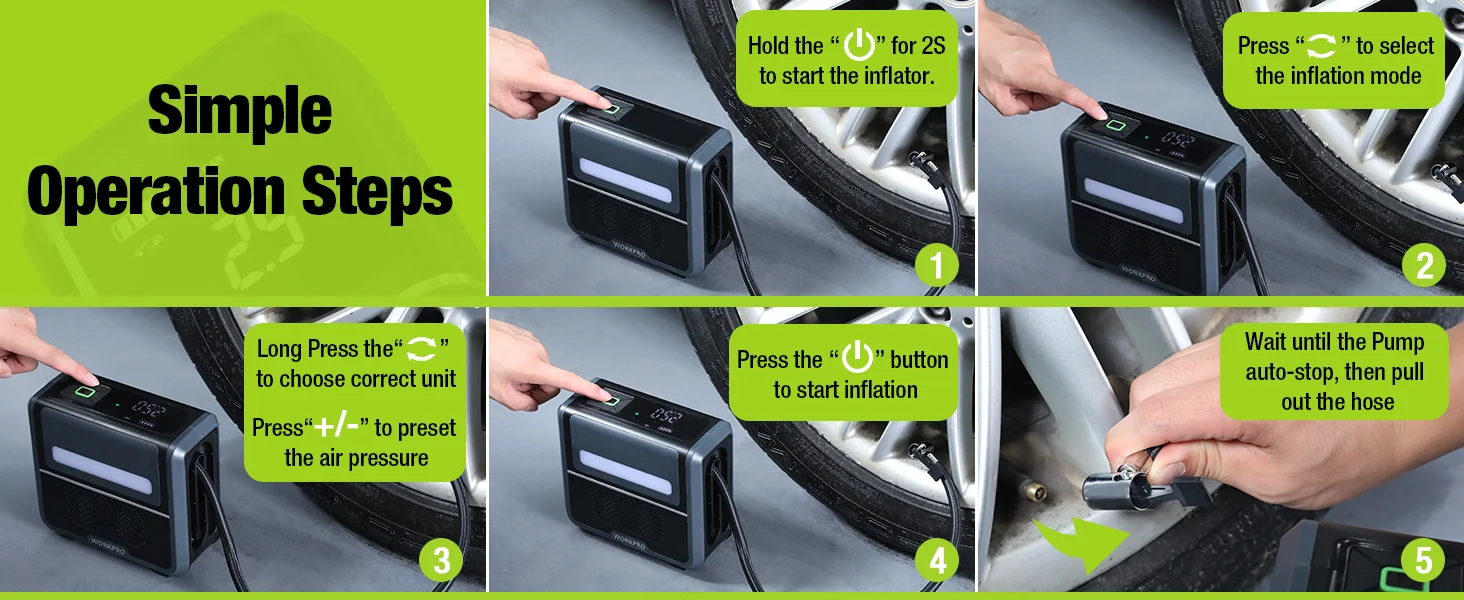 Tire inflator operation steps show a hand pressing buttons and connecting a hose, with innovation and quality cues