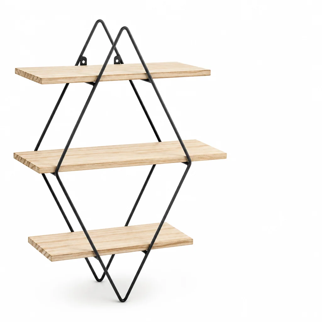 Diamond-Shaped Wood and Iron Wall Shelf (3-Tier) - Image 3