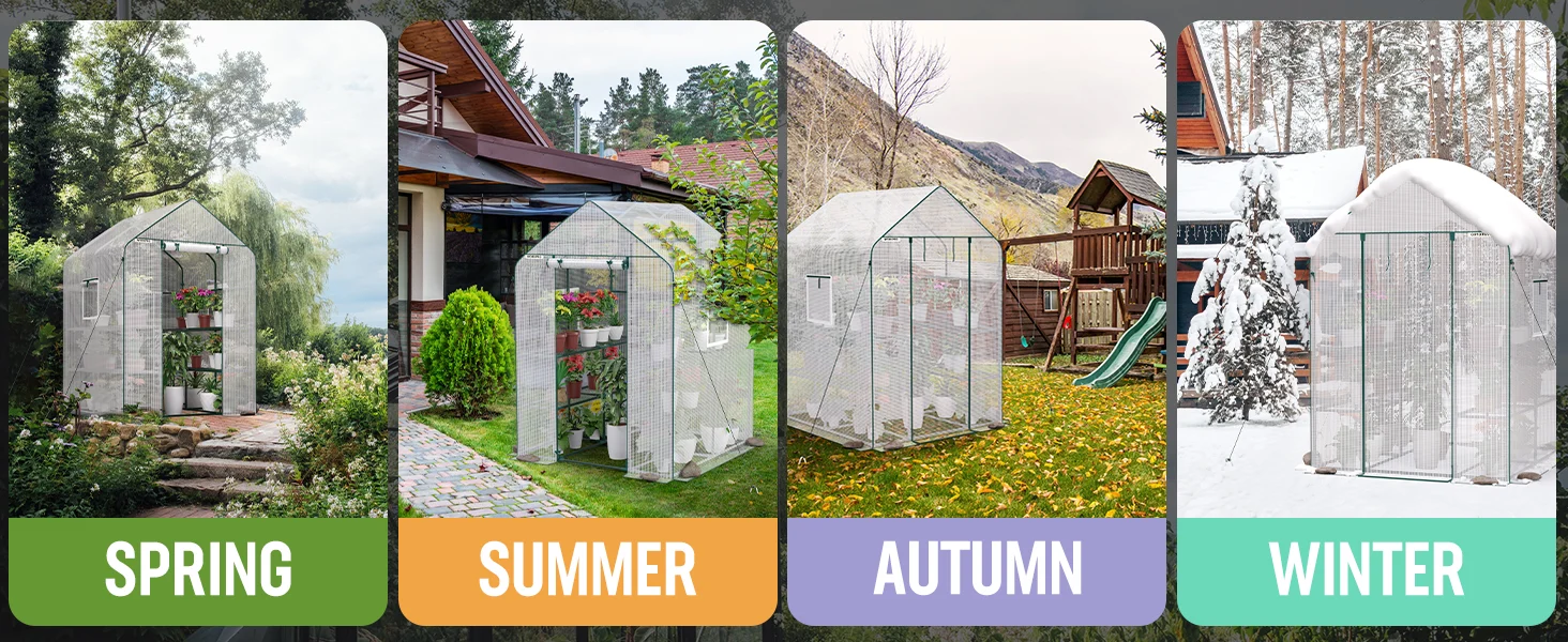 Seasonal greenhouse panels with zippered doors labeled Spring Summer Autumn and Winter, showing innovation and quality