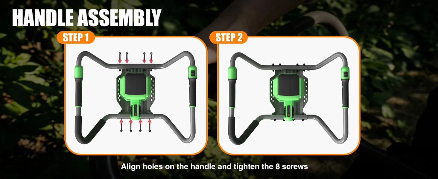 Handle assembly diagram with green and black parts, showing step 1 and step 2 for aligning holes and screws