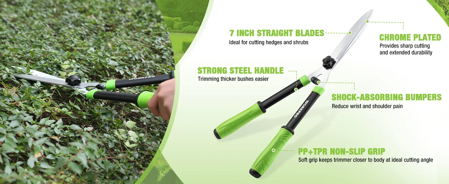 Garden hedge trimmer in use, with innovation and quality text overlays showing high-quality, durable, secure, convenient features