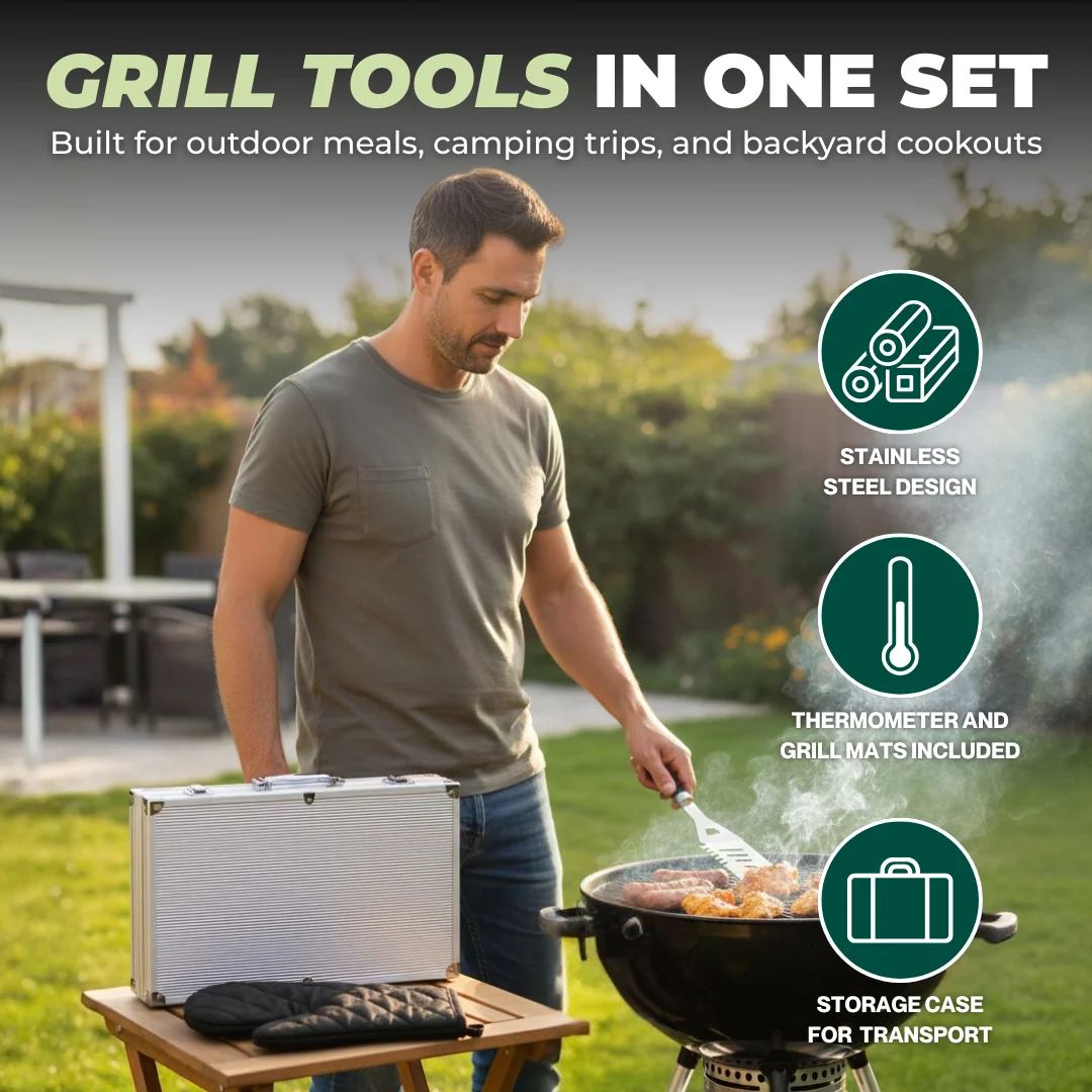 Stainless Steel BBQ Grill Tool Set with Aluminum Storage Case