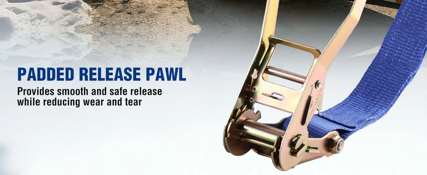 Ratchet-style tie down strap with padded release pawl, showing durable metal hardware and secure blue webbing