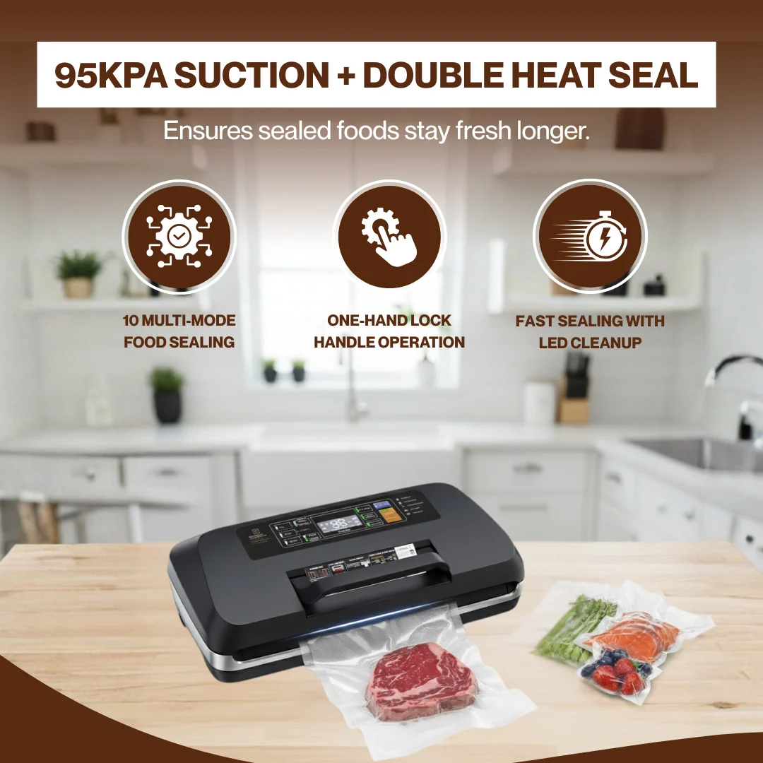 95kPa Vacuum Sealer Machine with Double Heat Seal & Built-in Cutter