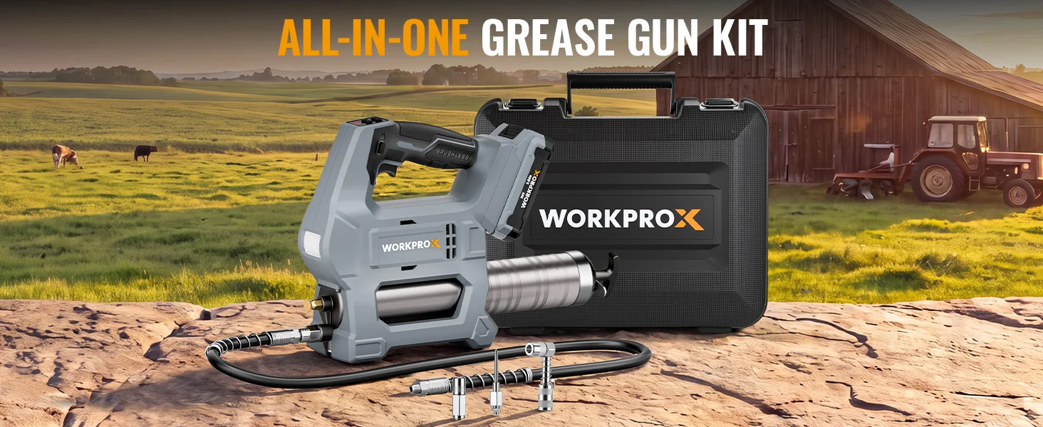 Grease gun kit with hoses and metal fittings on a workbench, with innovation and quality shown in a case