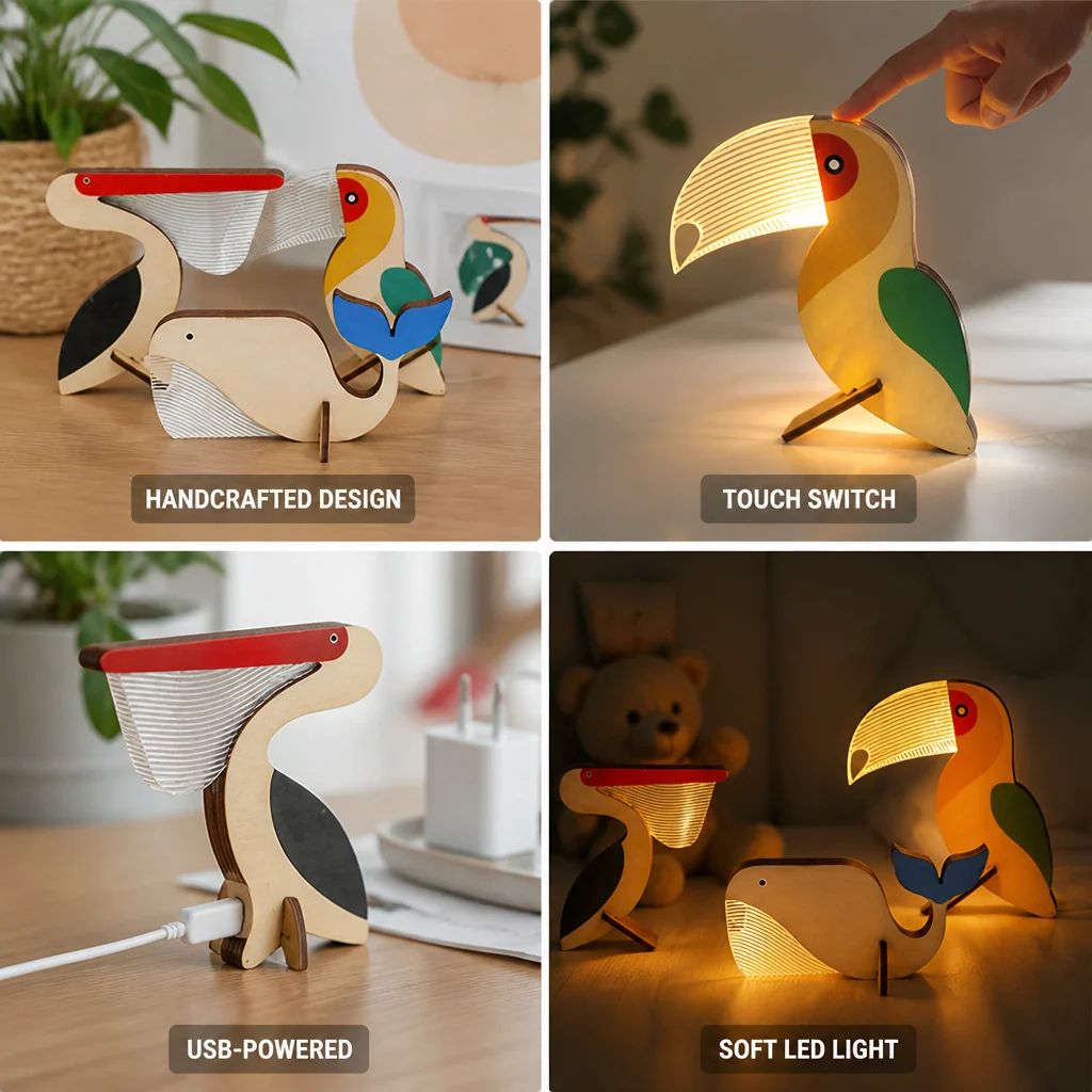 Handcrafted Wood Soft LED Animal Night Lamp (USB-Powered) - Image 3