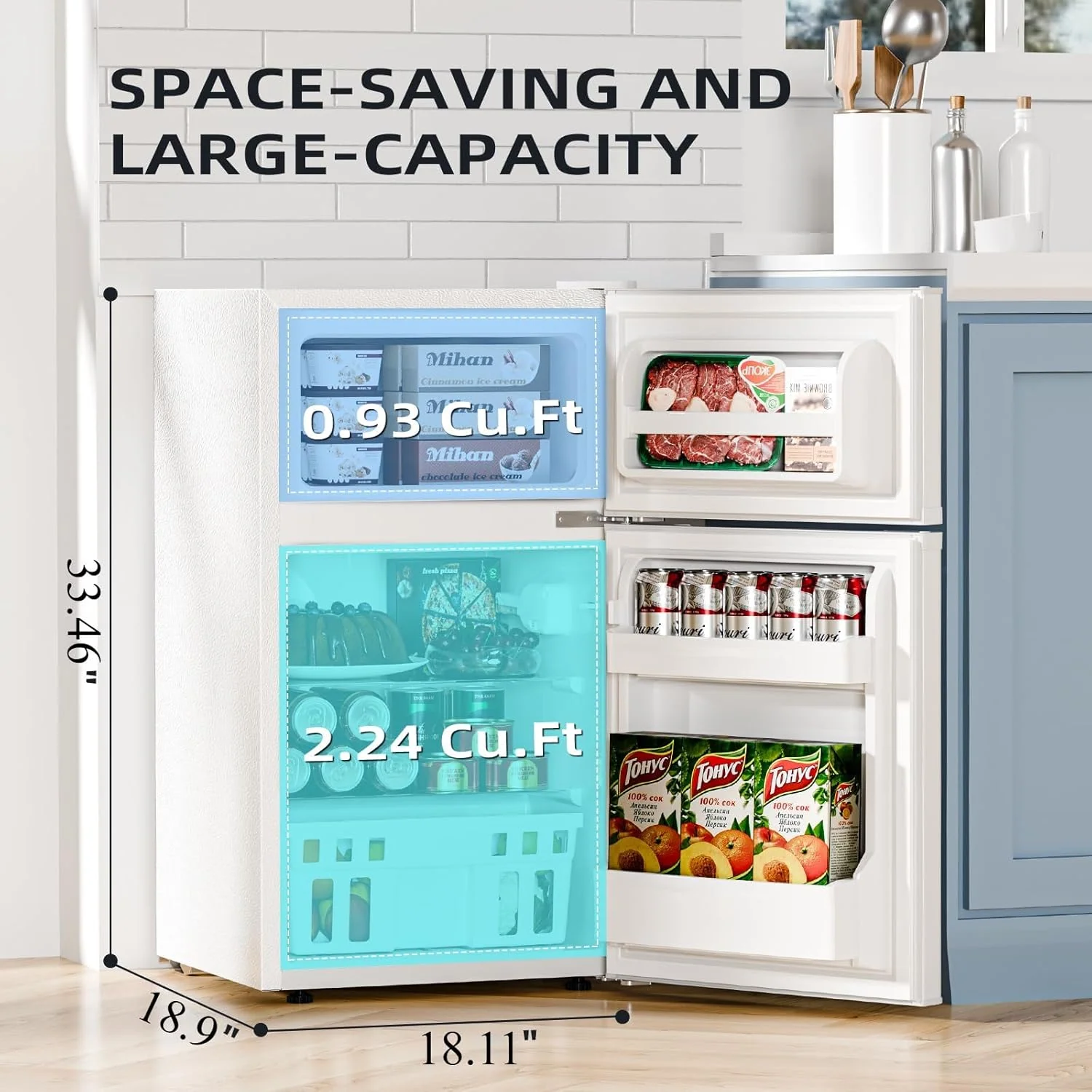 Kismile Mini Fridge 3.1Cu.Ft Compact Refrigerator 2-Doors Freezer - Image 9