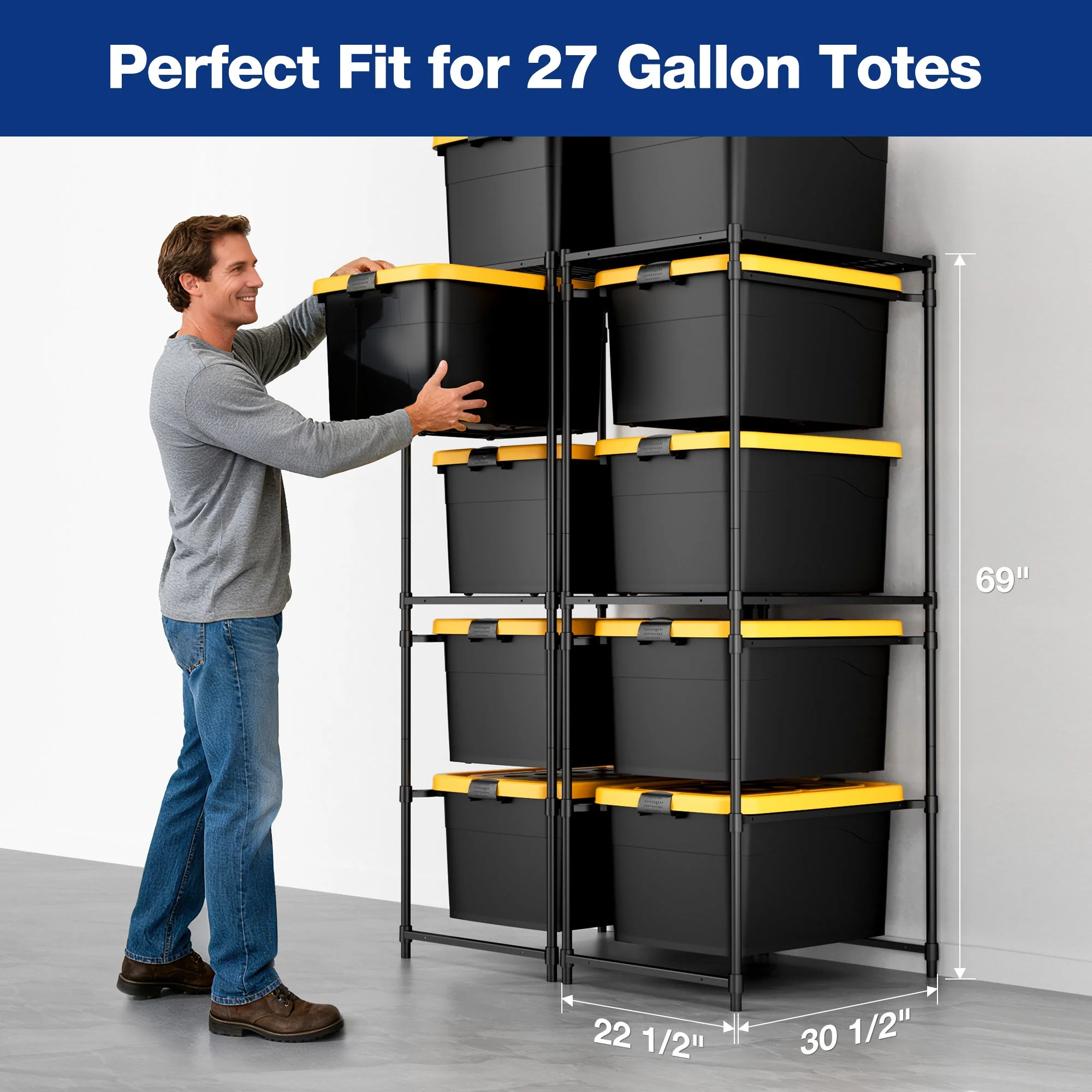 WORKPRO 2 Pack 250 LBS 5-Tier Bin Storage Rack for 27-Gallon Totes, Heavy Duty Metal Shelving Units for Garage, Basement, Pantry, Kitchen, Workspace, or Laundry Room, 30.5" x 22.5" x 69", Black - Image 5