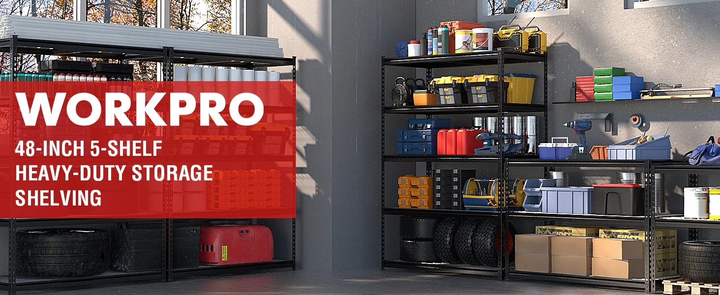 Workshop shelving in a garage with tools and boxes, showing innovation and quality in a secure storage setup