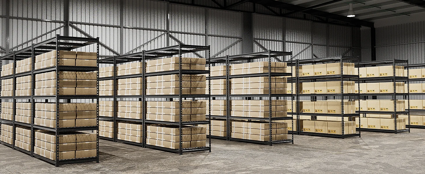 Warehouse racks with stacked cardboard boxes, showing innovation and quality in secure, durable, convenient storage