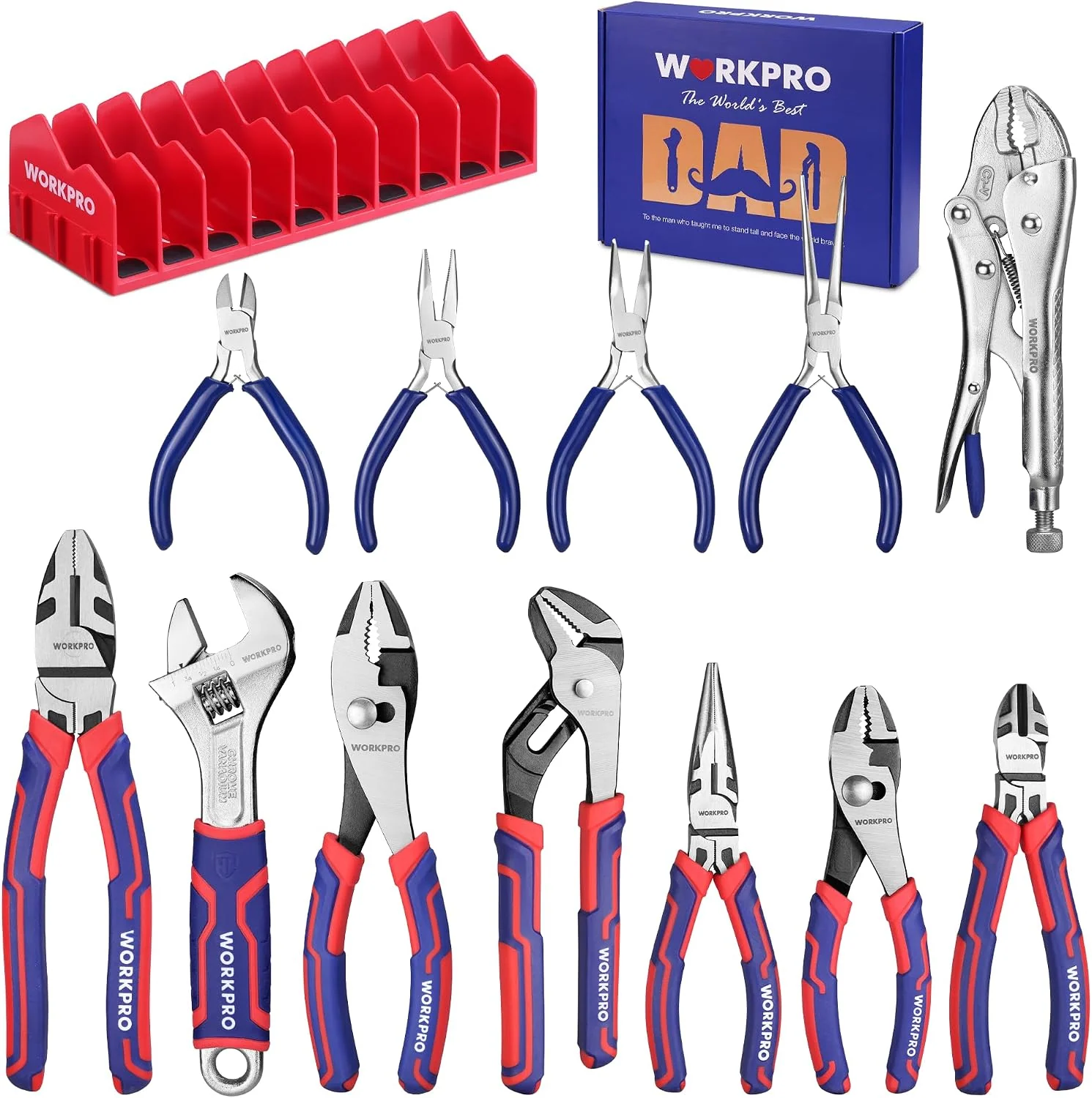 WORKPRO Pliers & Wrench Set, 12-Piece Pliers Tool Set with Organizer | 12-Piece Pliers Set Kit Made with CR-V & Carbon Steel, Ergonomic Grips, Ideal for Home & Garage, Suitable for gifting