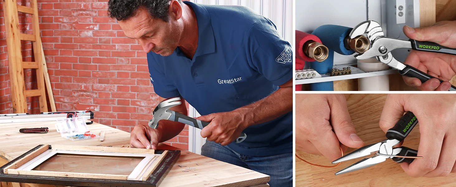 Technician using a Workpro tool to install a wooden frame, with visible hands and metal fittings