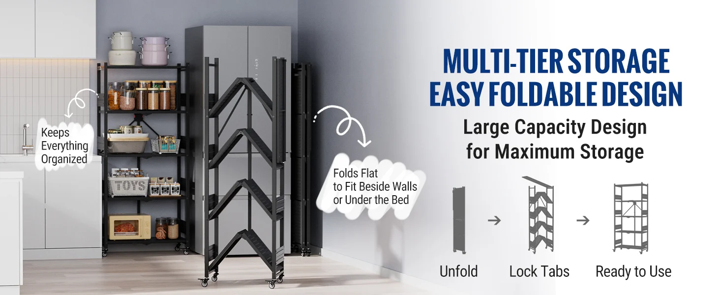 Multi-tier storage shelf with foldable design, showing organized kitchen items and steps to unfold and lock tabs