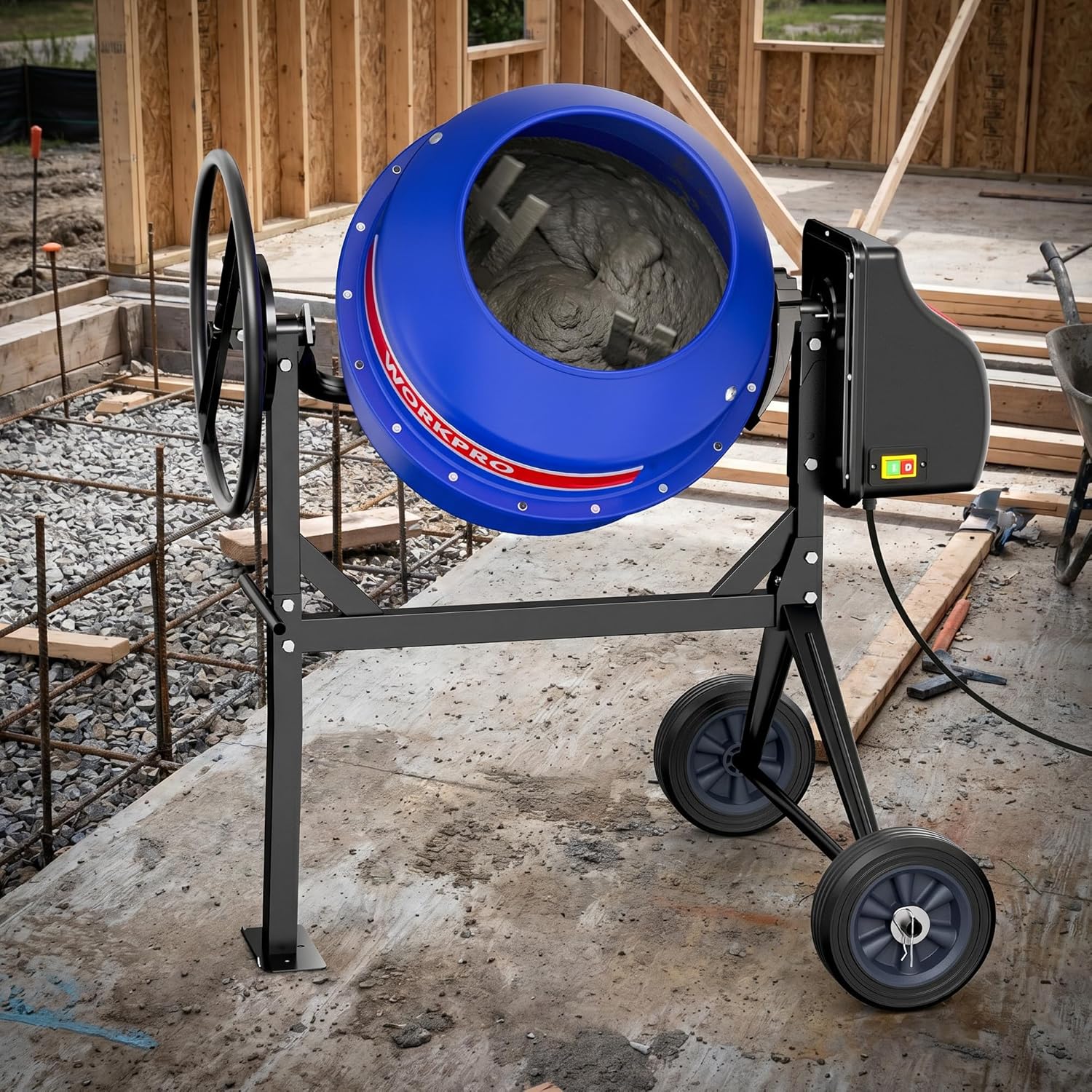 WORKPRO 4.6 Cu.Ft. Electric Cement Mixer, 600W 0.8HP Portable Concrete Mixer with Wheels & Stand Steel for Stucco, Mortar & Seeds - Image 10