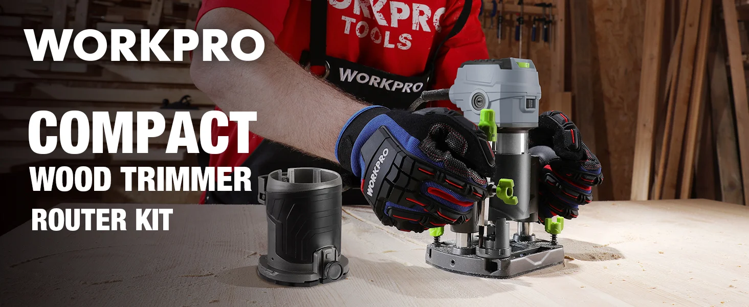Wood trimmer router kit with gloves and a red power tool in a workshop, showing innovation and quality
