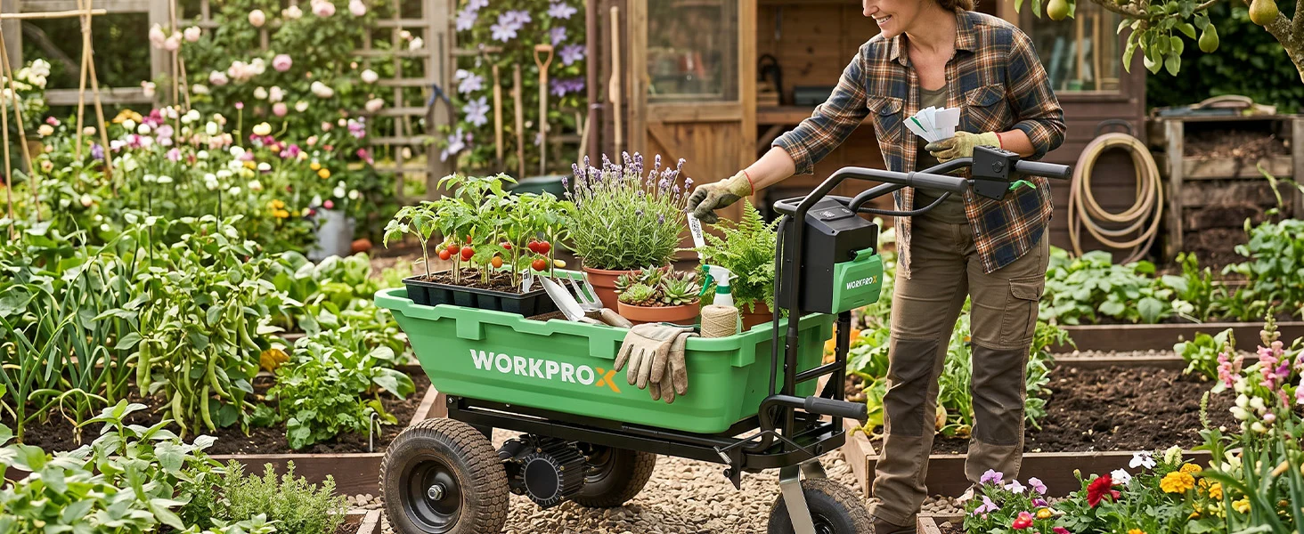 Garden worker pushing a green work cart, with innovation and quality tools among flowering plants