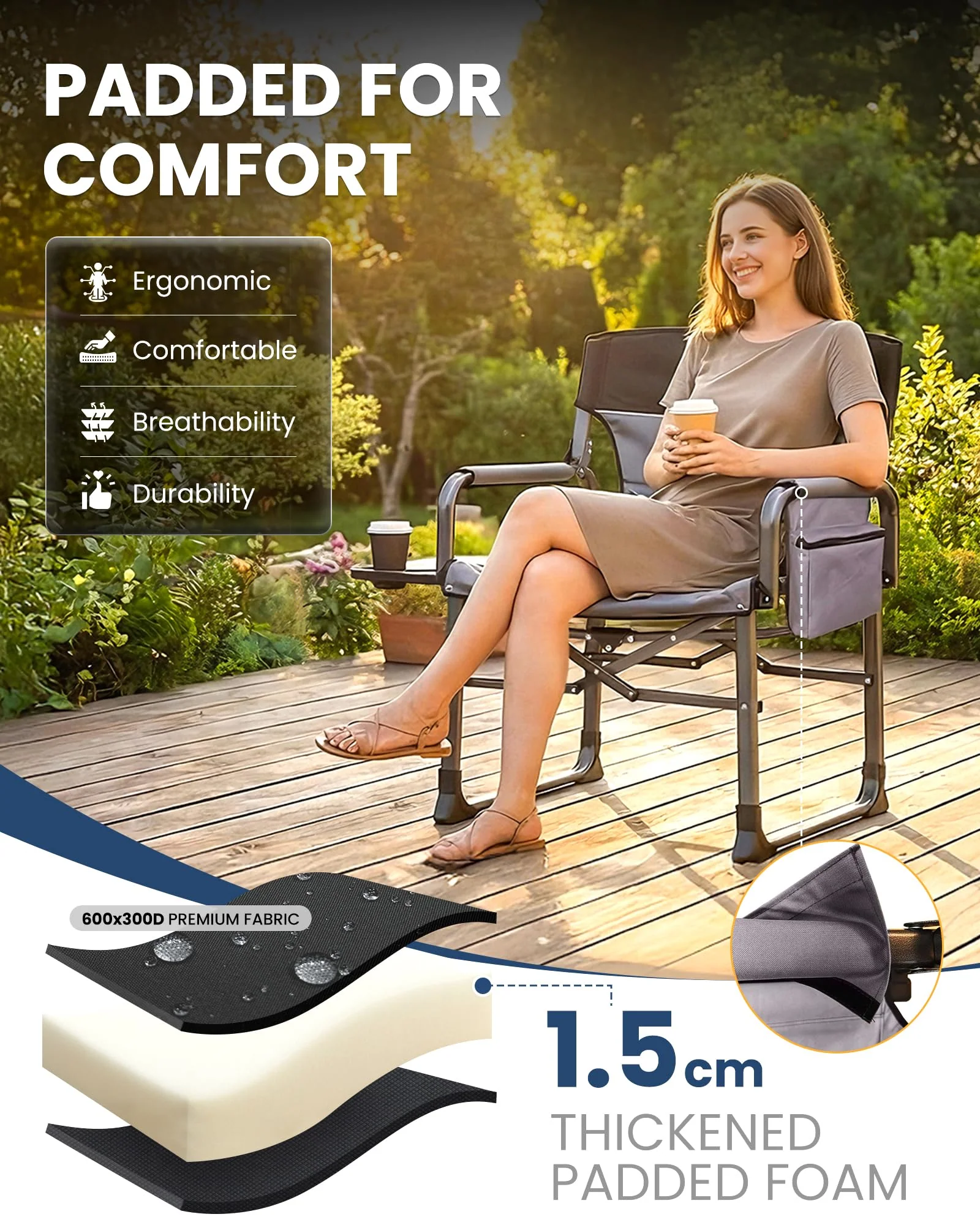 KingCamp XXL Folding Padded Director's Chair with Side Table