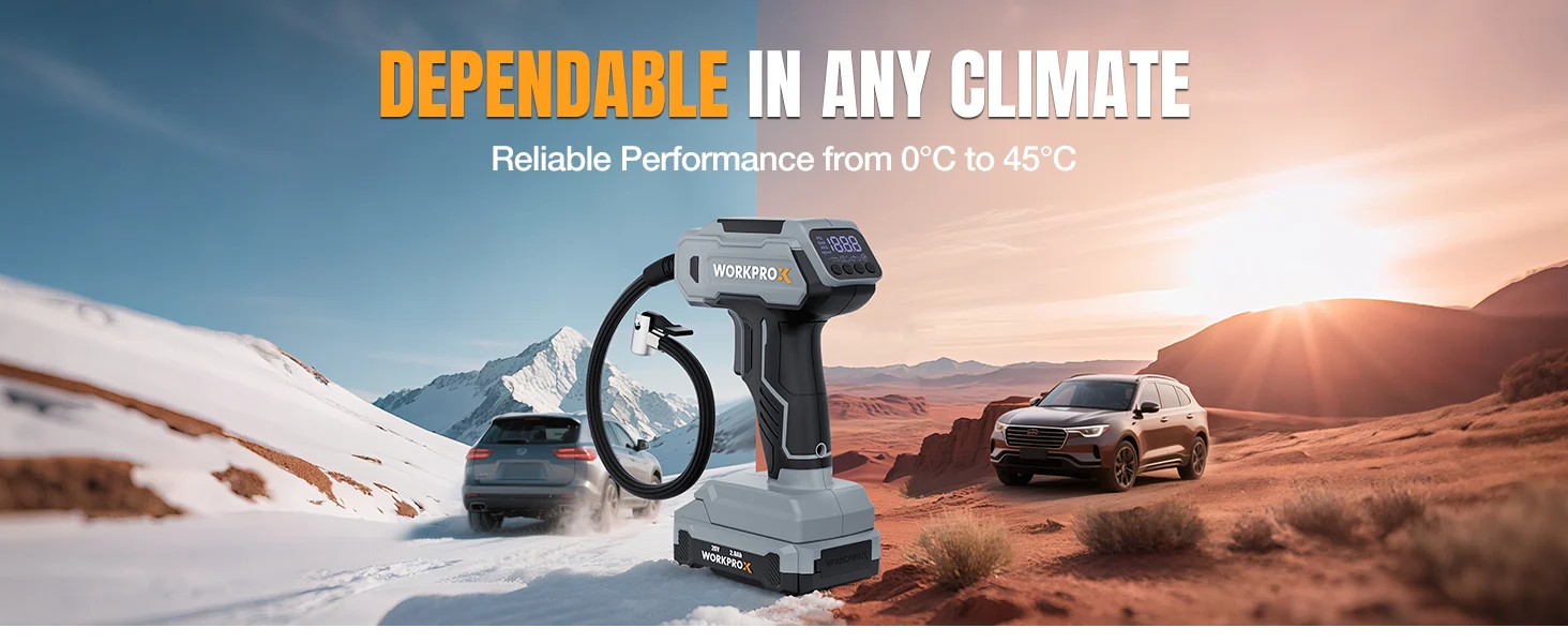 Portable power station with digital display charging in snowy mountains and a desert road, innovation and quality