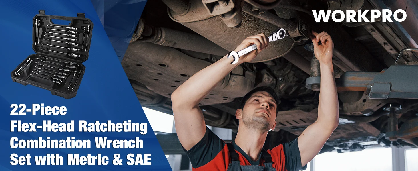 Mechanic using a ratcheting combination wrench set with a tool kit, showing innovation and quality in repair work