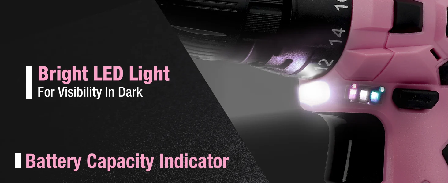 Pink handheld LED light with bright beam and battery capacity indicator, showing visible quality and innovation details