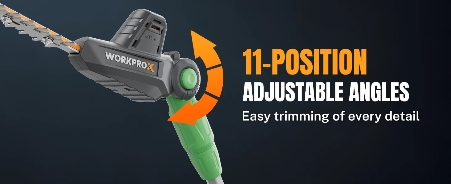 Angle grinder tool with orange arrows showing adjustable angles, with innovation and quality for durable secure work