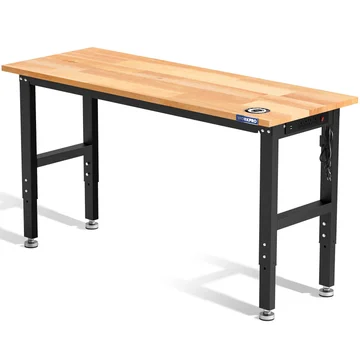 WORKPRO 60"×24" Adjustable Workbench 1500 LBS Load Capacity Hardwood Worktable with Power Outlets, Leveling Foot