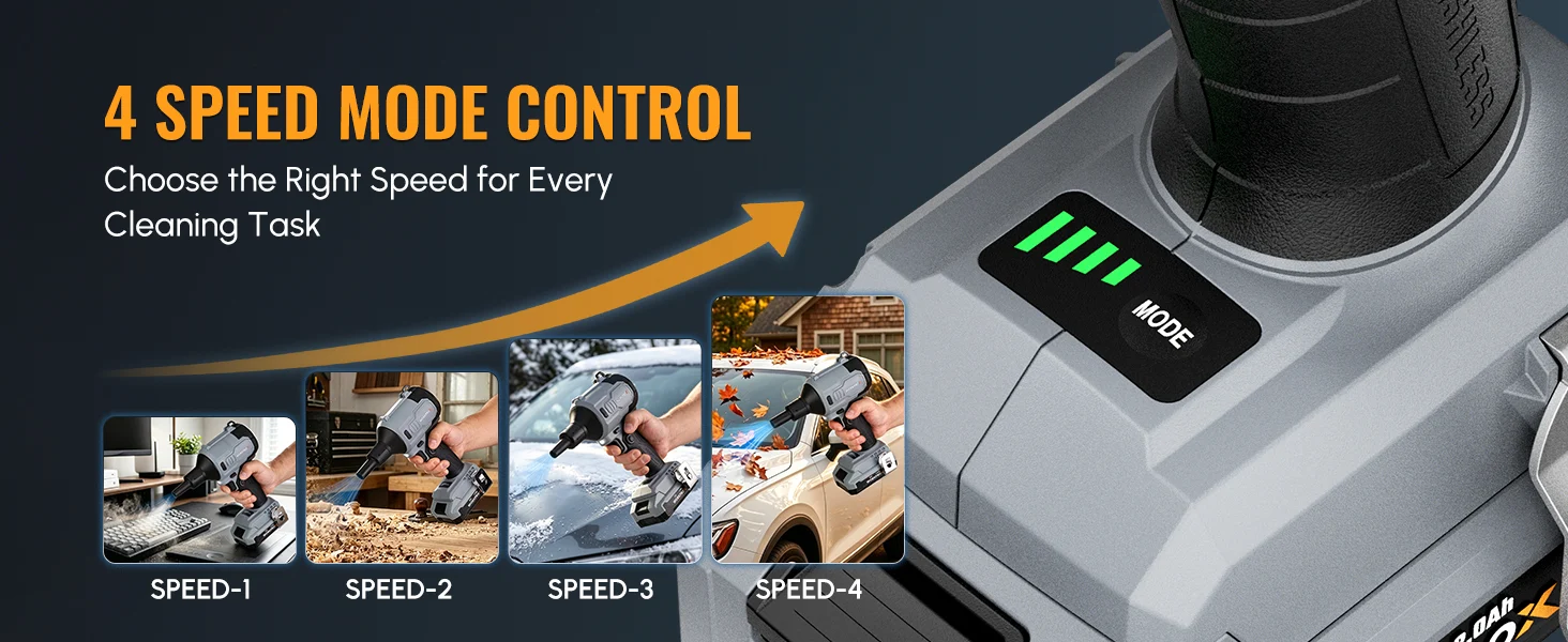 Cordless vacuum speed mode control with innovation and quality shown on a green LED display