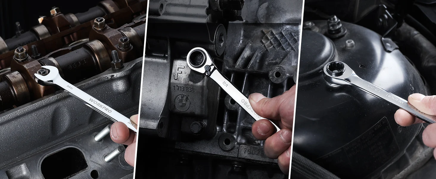 Mechanic uses a wrench on a car engine, showing innovation and durable quality in a secure repair