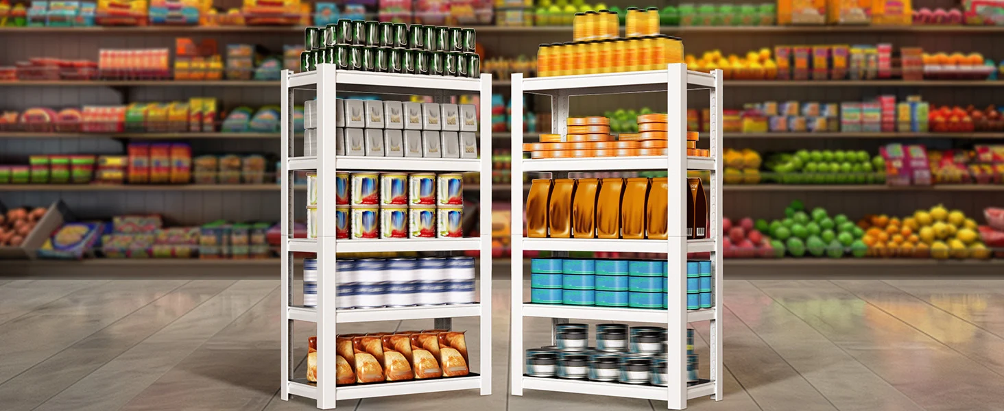 Supermarket shelving with canned goods, drinks, and snacks, showing innovation and quality in a secure setup