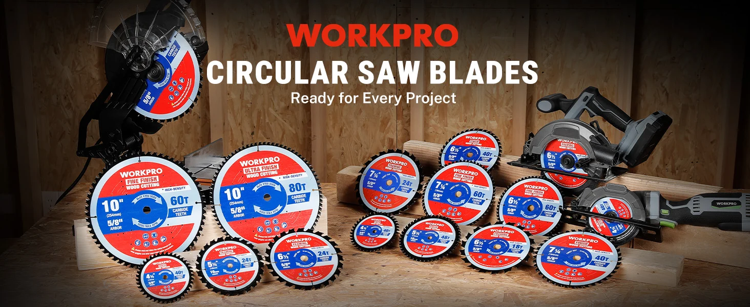 Circular saw blades with innovation and quality, shown on wood with red and blue cutting discs