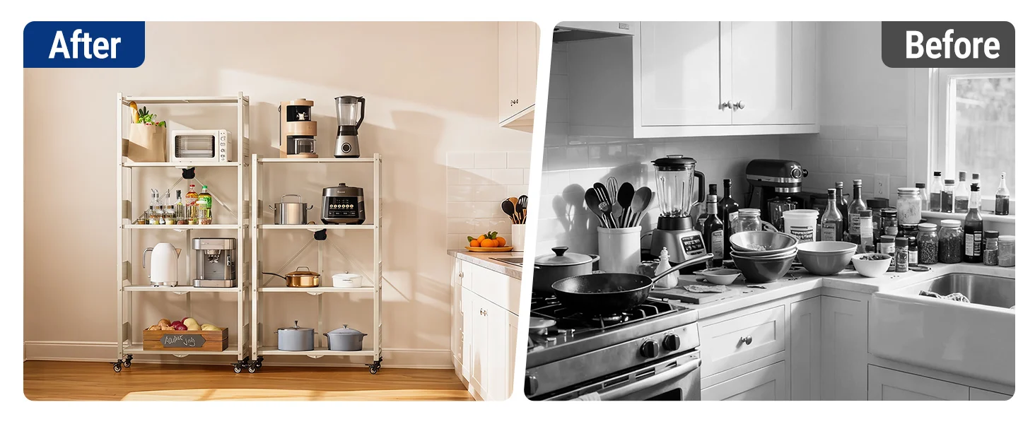 Kitchen cabinet cart open with appliances and cookware, showing innovation and quality in a bright home setting
