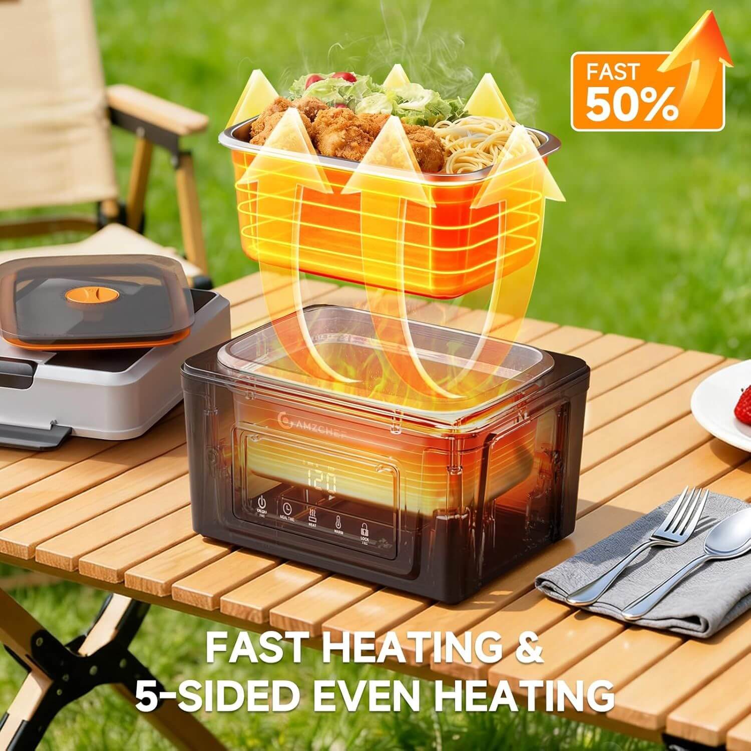 AMZCHEF Cordless Electric Lunch Box - Battery Powered Portable Food Warmer 4