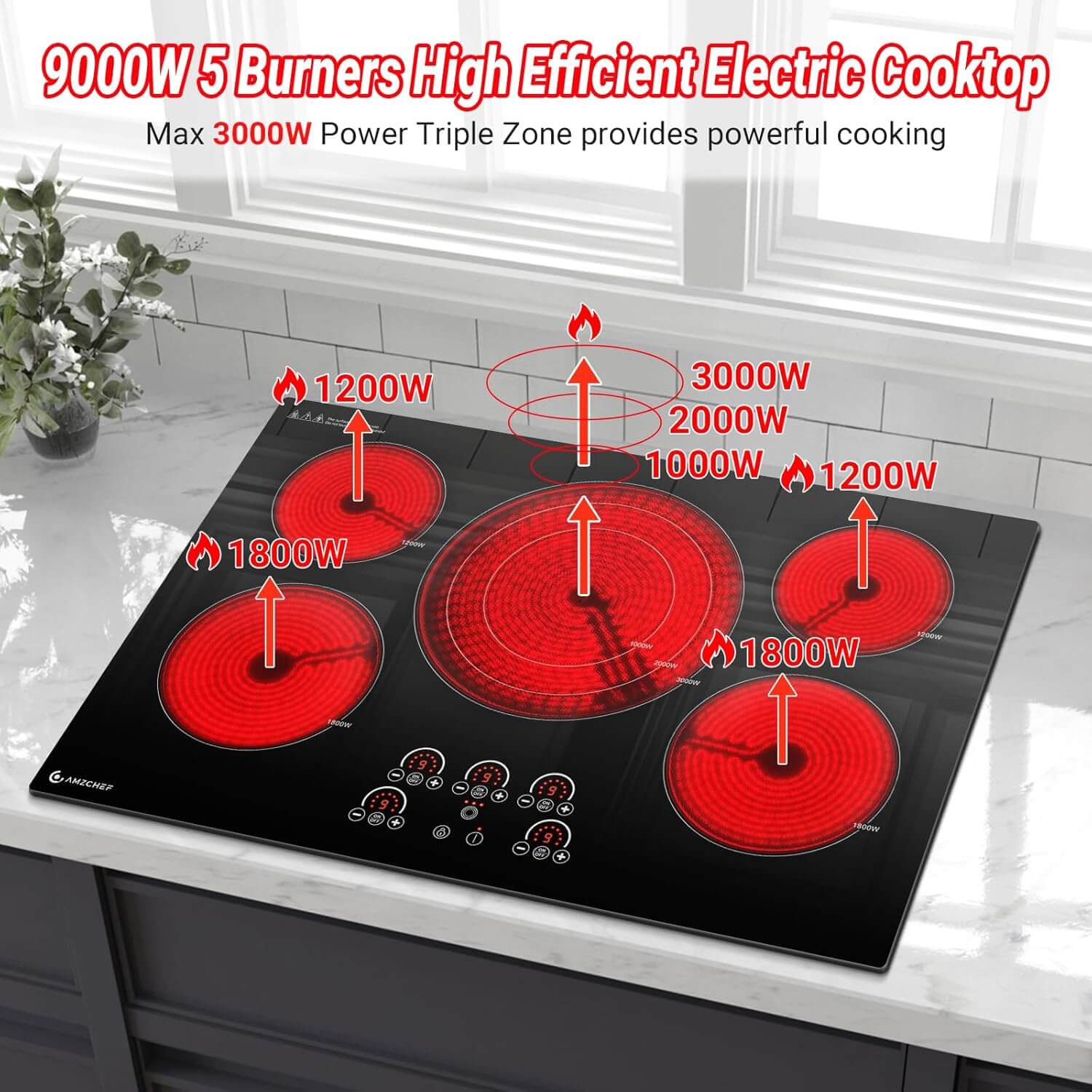 AMZCHEF Built-in Electric Cooktop 5 Burners 30 Inch Max 9000W Ceramic Glass 3