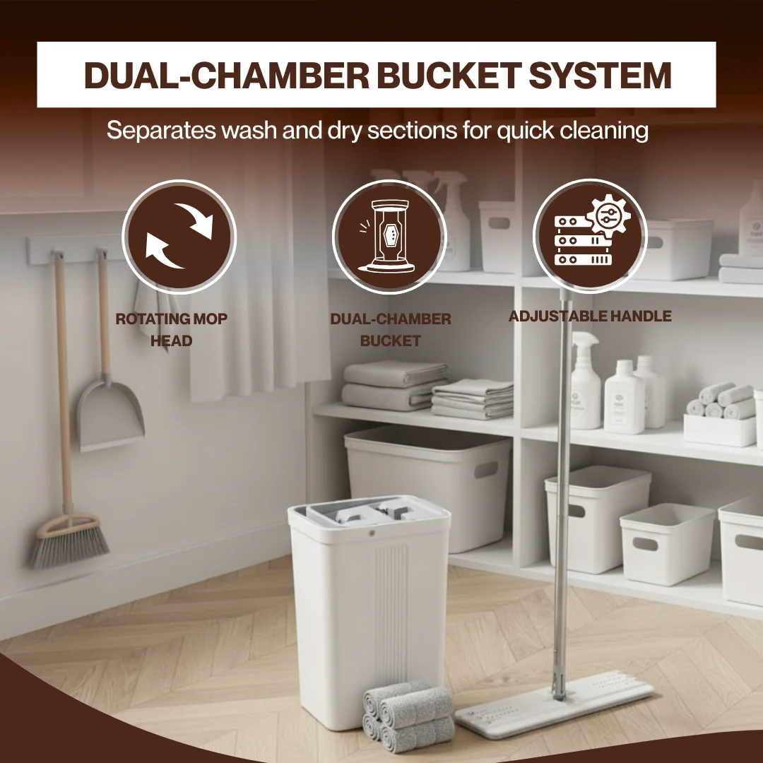 Flat Mop and Bucket Set with Long Handle, Wringer and Microfiber Pads