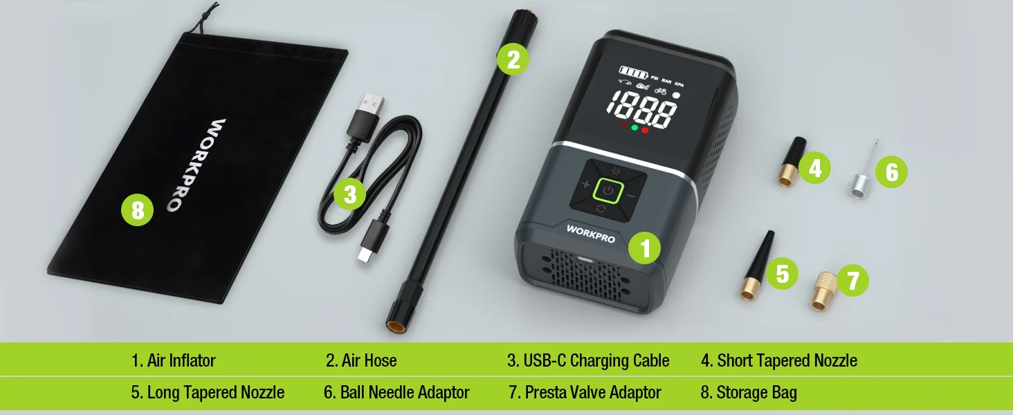 Air inflator kit with screen showing 180 PSI, USB-C charging cable, nozzles, adapters, and storage bag