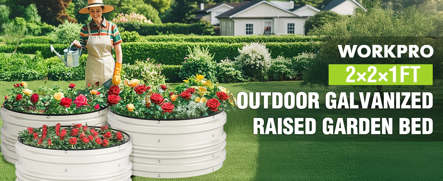 Raised garden bed with flowers in a yard, with a gardener watering, showing innovation and quality outdoors