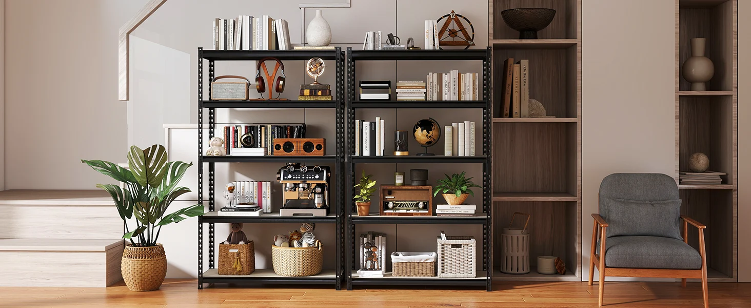 Metal shelving unit with books, decor, and a globe in a bright living room, showing innovation and quality