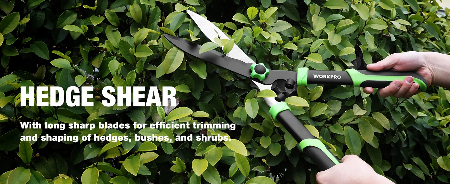 Hedge shear with green and black handles trimming dense green bushes, with visible blades and hands
