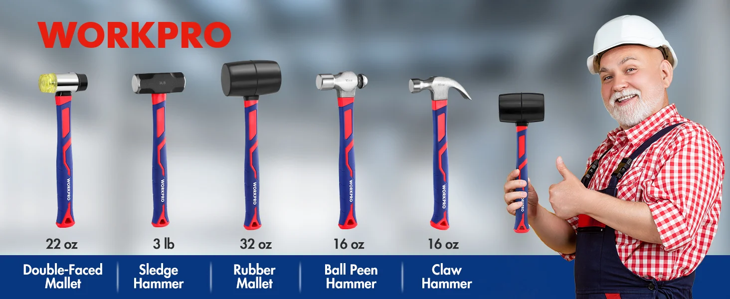WorkPro tools lineup with hammers and mallet heads, showing innovation and quality on blue handles