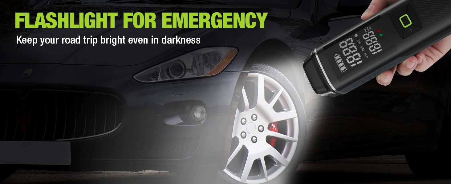Emergency flashlight in hand shining on a car wheel, with innovation, quality, secure, durable, and convenient design