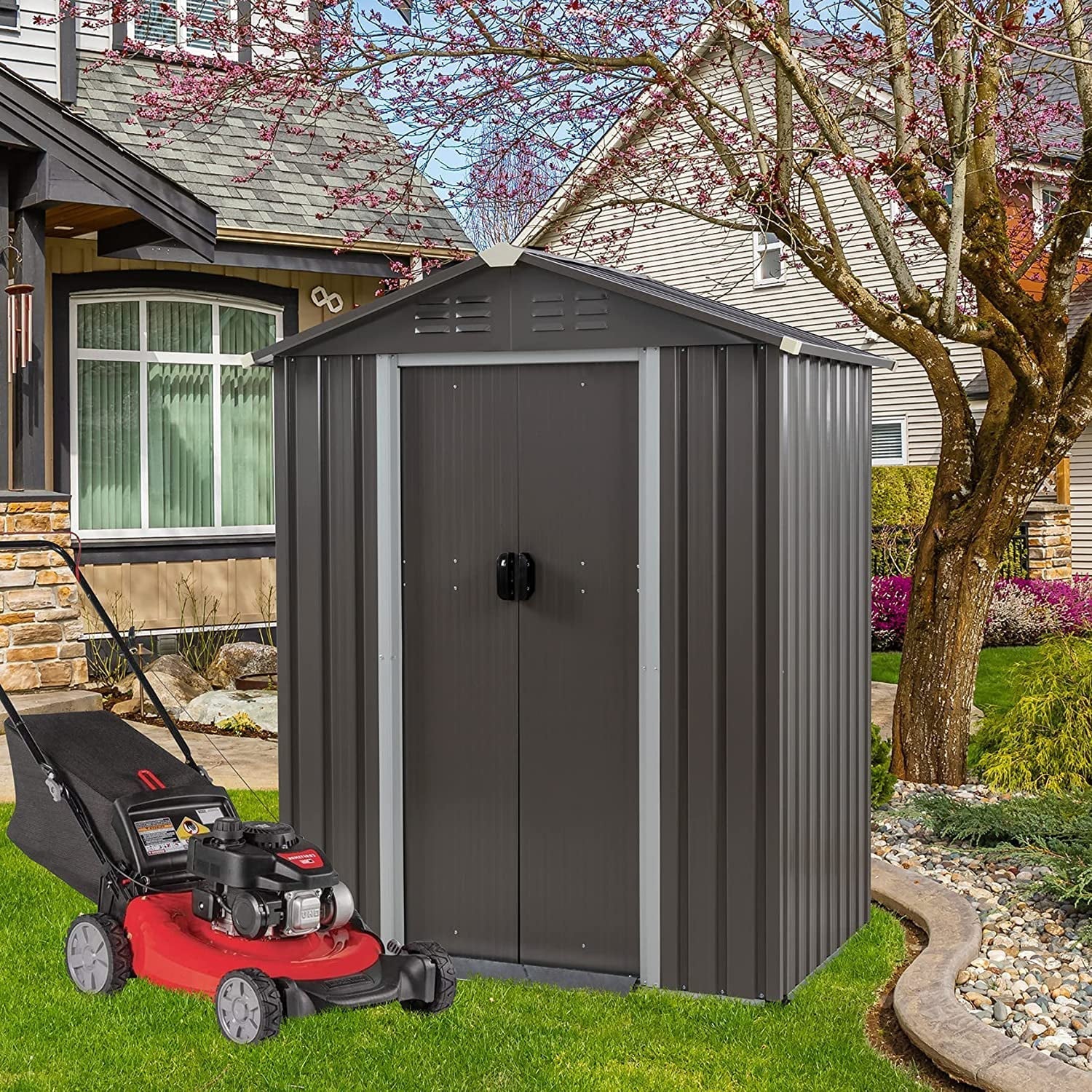 Sobaniilo 5'x 3'x 6' FT Outdoor Storage Metal Shed with Lockable Door, Tools Storage Shed Clearance, Outdoor House for Backyard Patio, Lawn and Garden, Gray - Image 6