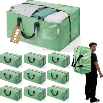 WORKPRO 10 Pack Extra Large Moving Bags with Zippers & Carrying Handles Backpack Straps, Heavy-Duty Storage Tote for Space Saving & Storage, Alternative to Moving Box (Green)