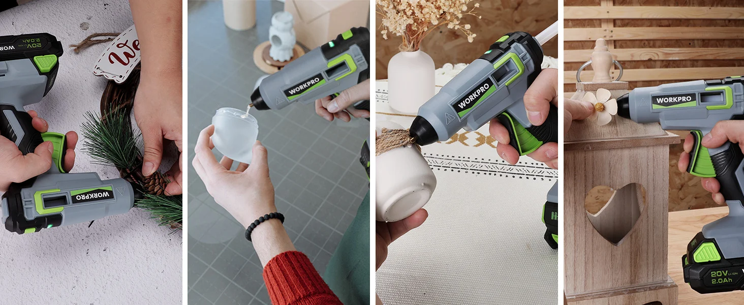 Cordless hot glue gun applying glue for DIY woodworking, showing innovation and quality in a home workshop