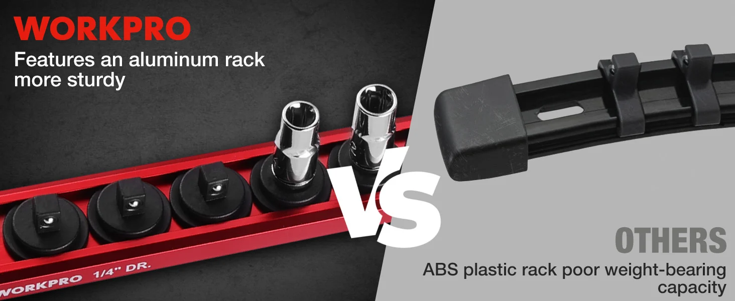 WorkPro tool rack with sockets on a red metal base, highlighting innovation and quality in a durable design