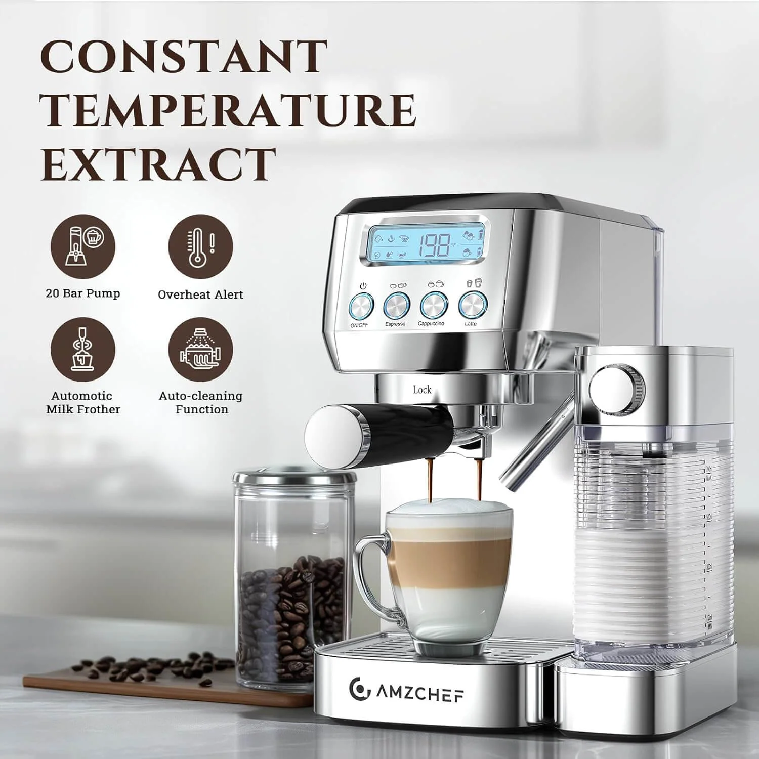 AMZCHEF 20 Bar Cappuccino Coffee Machines with Automatic Milk Frother 3
